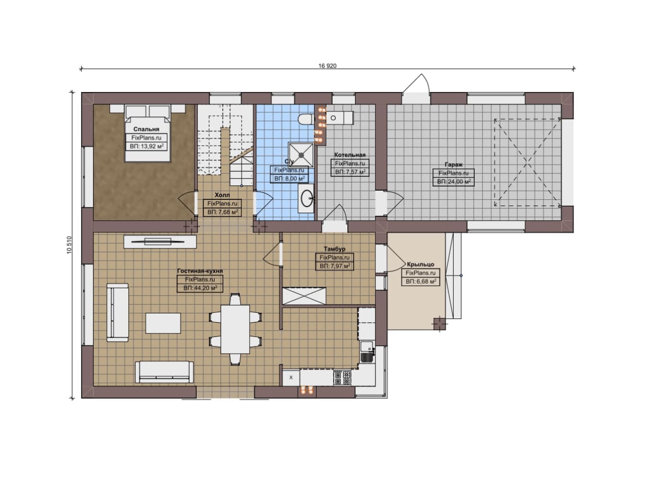 Планировка Одноэтажный дом с мансардой  F-13256